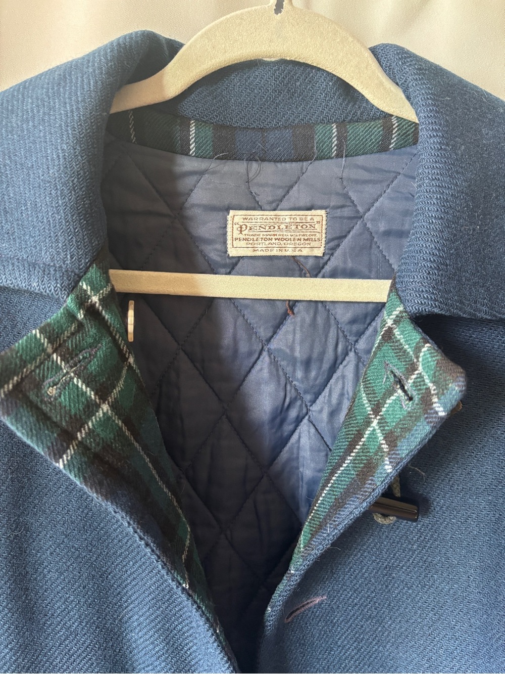 Vintage Pendleton Navy Blue Wool Duffle Coat with Green Plaid Lining - Picture 2 of 7